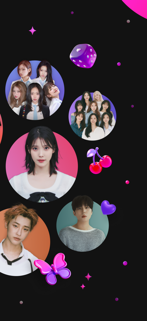 K팝 아티스트 및 그룹의 원형 초상화가 특징인 베리즈 앱 인터페이스