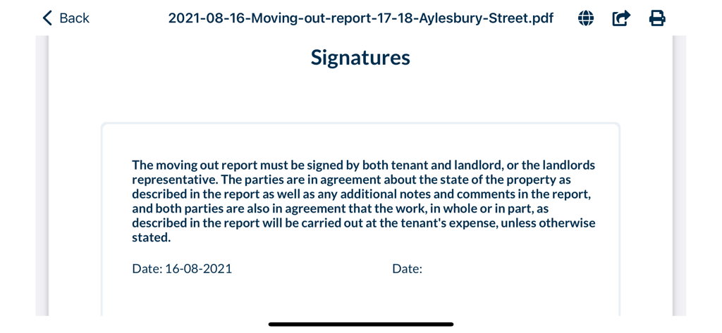 Digital signature section for a rental property move out report