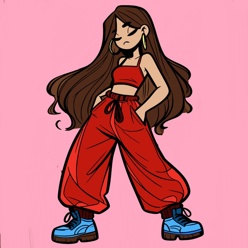 girl in baggy pants crop top and long hair