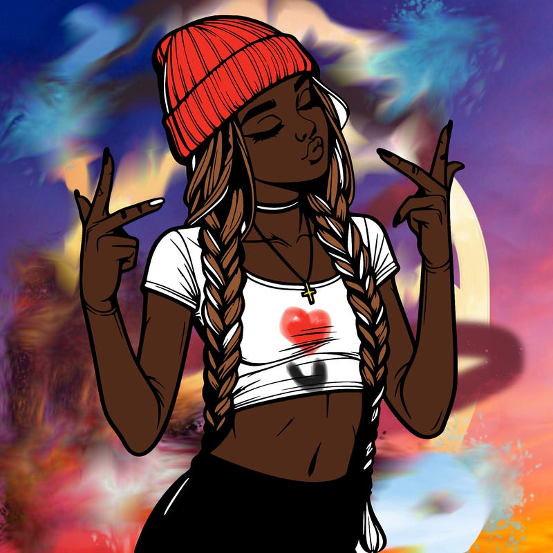 realistic teenage girl with braids and a beanie and crop top doing 🫶🏼