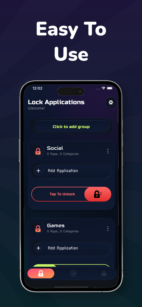 App Lock · - Mobile app interface showing how to lock social and game applications with a simple tap to unlock button