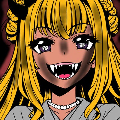 anime girl, vampire teeth,demon slayer themed, evil smile