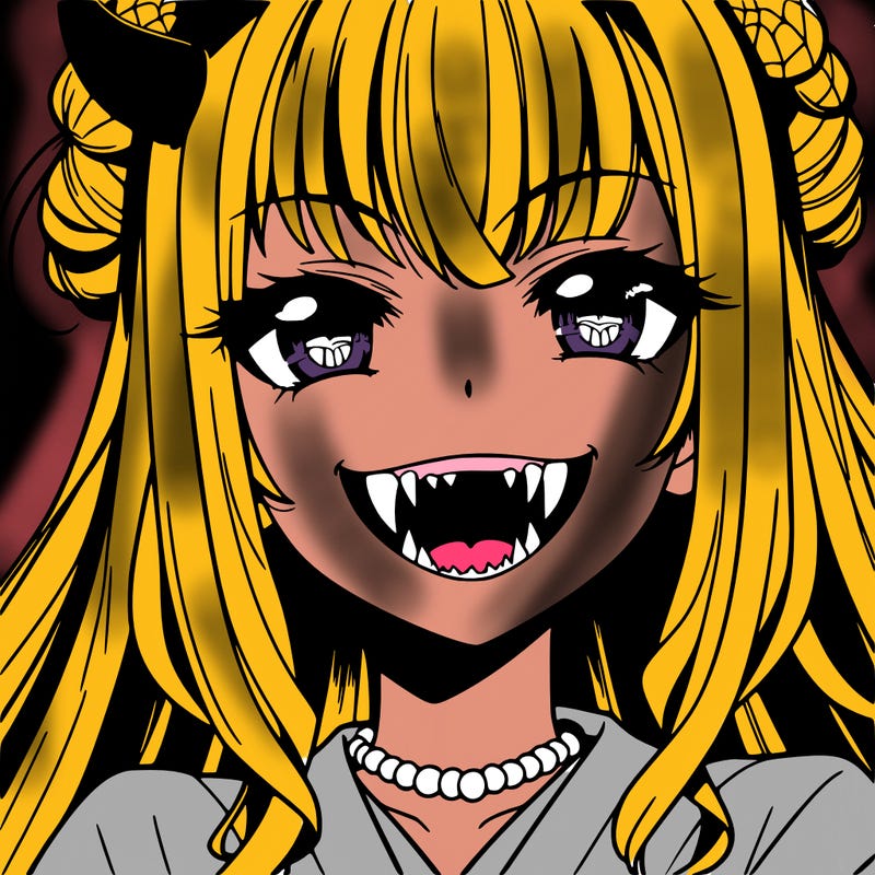 anime girl, vampire teeth,demon slayer themed, evil smile