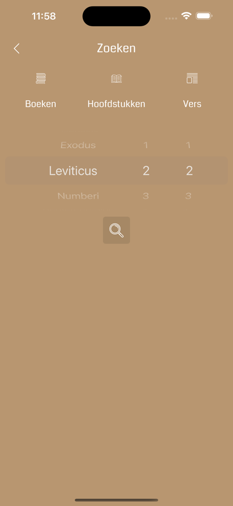 Dutch Bible Offline - Interface for searching and selecting bible verses in the Dutch Bible app.