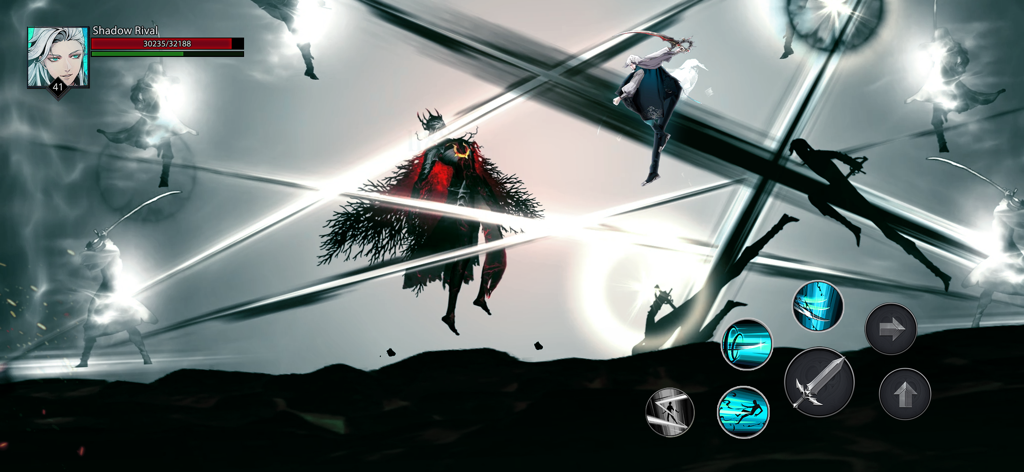 Uma cena de batalha hack and slash de alta velocidade em Shadow Rival Action War Game apresentando personagens sombra e efeitos de habilidade de luz.
