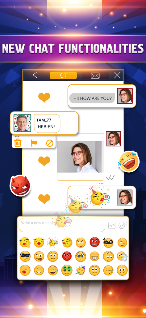 Interface de chat social dans VIP Belote montrant des bulles de message et des options d'emojis