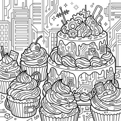 Step into a sweet future with our Cyberpunk Cakes & Cupcakes coloring page. These delicious digital desserts are waiting for your creative touch to bring their circuit-board details and robotic garnishes to life.
