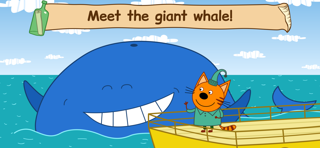 Eine Cartoon-Katze auf einem gelben Boot trifft einen lächelnden, riesigen blauen Wal im Ozean