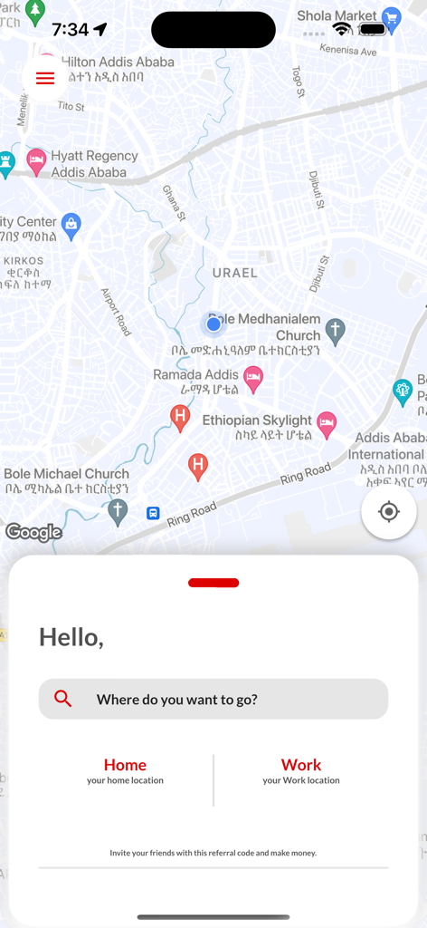 Safe ET - Safe ET ride hailing app interface with map of Addis Ababa and destination search bar