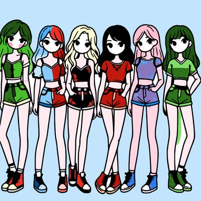 a group of girls wearing crop tops and shorts