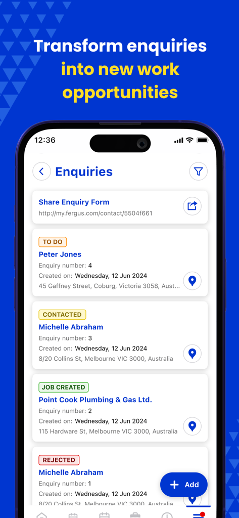 Fergus Go app screen showing enquiry management with status labels for trade business leads.