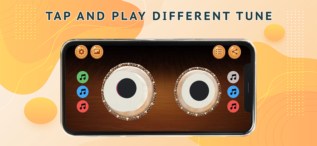Tabla mystical drums - A smartphone displaying the interface of the Tabla mystical drums app with two virtual drums and colorful music icons