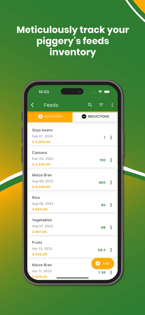 My Piggery Manager - Farm app - A mobile interface of the My Piggery Manager app showing a detailed list of farm feed inventory items and costs.