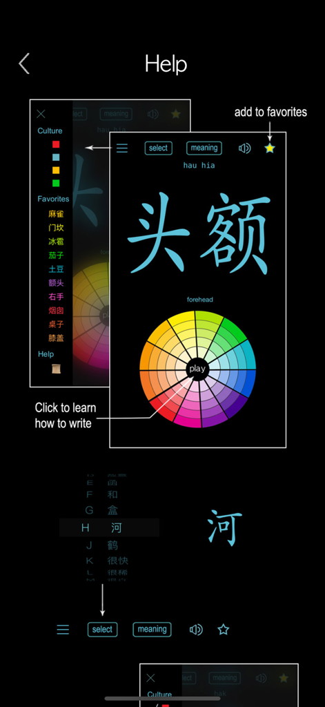Hainan Chinese Dialect - Help interface for the Hainan Chinese Dialect app explaining navigation and writing features.