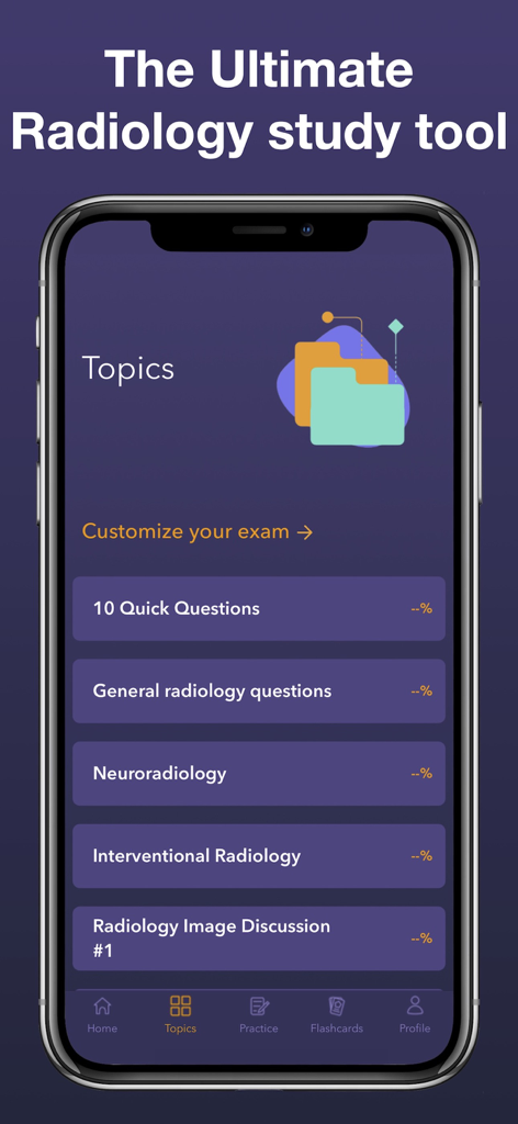 Radiology Board Review app interface displaying study topics and practice exam categories