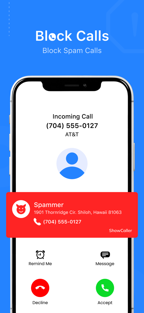 Tela do iPhone exibindo uma chamada recebida identificada como spam com um banner de aviso vermelho do aplicativo.