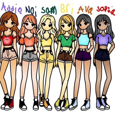 a group of girls wearing crop tops and shorts
