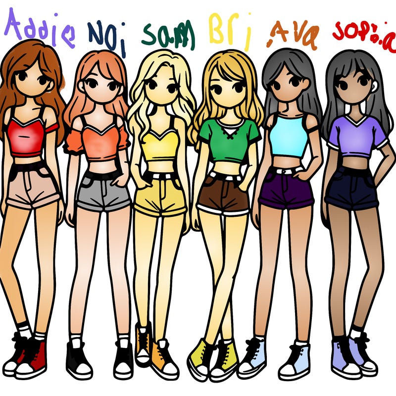 a group of girls wearing crop tops and shorts
