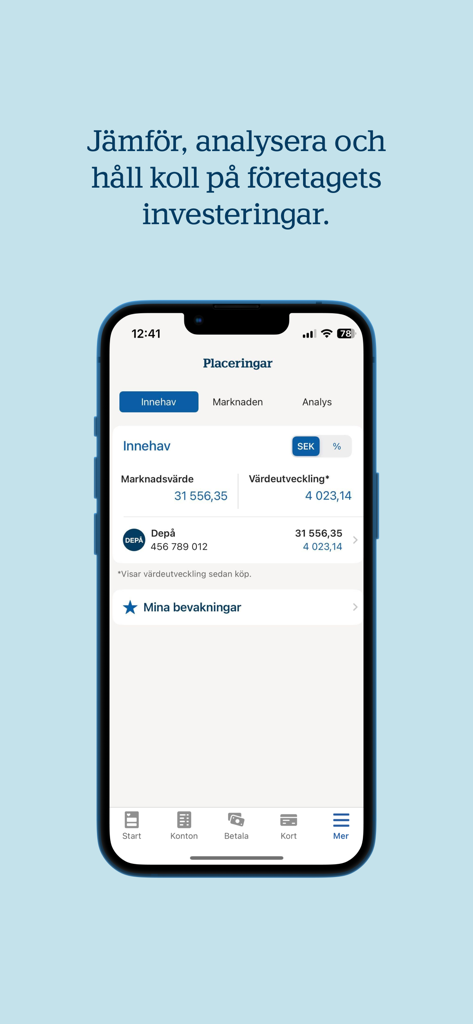 Uma tela móvel mostrando participações de investimentos da empresa e valor de mercado no aplicativo bancário empresarial Handelsbanken.