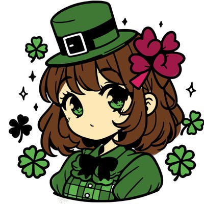 a manga-style girl with clovers around her, a little hat in her hair, like it's saint patrick's day