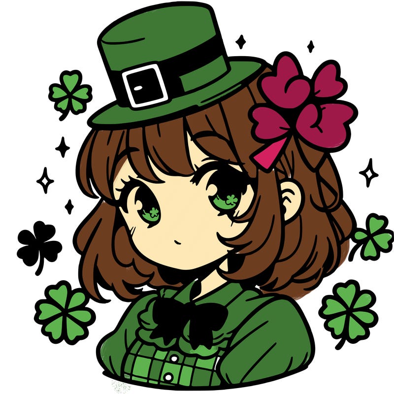 a manga-style girl with clovers around her, a little hat in her hair, like it's saint patrick's day