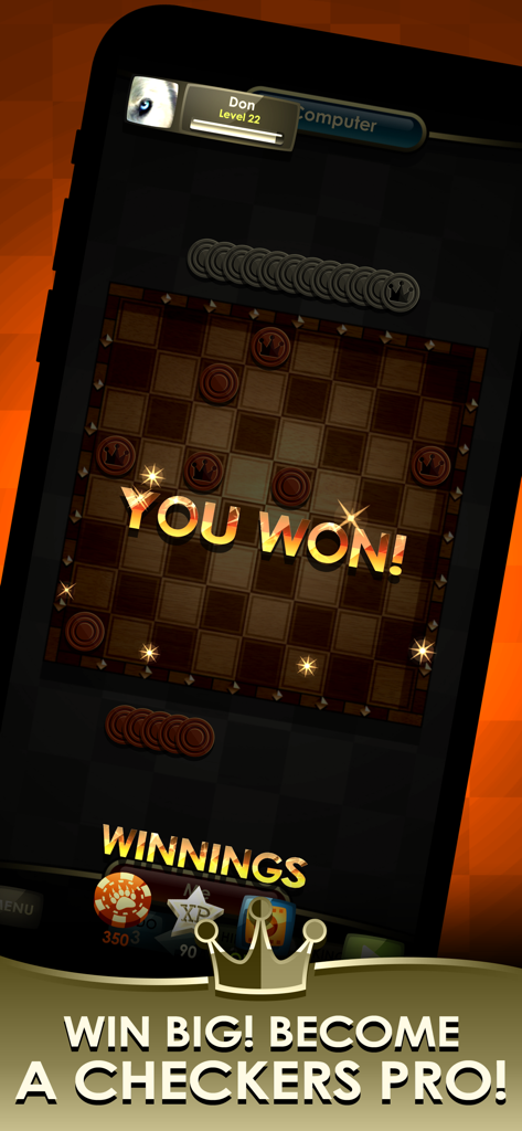 Pantalla de victoria en el juego móvil Checkers Royale mostrando el mensaje Ganaste y las ganancias del jugador