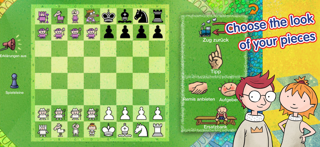 Um tabuleiro de xadrez colorido mostrando diferentes estilos de desenho para peças de xadrez com os personagens Príncipe Fritz e Bianca