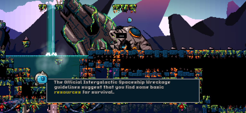 Residual - Uma captura de tela em pixel art 2D do jogo Residual apresentando um explorador perto de uma nave espacial acidentada em um planeta alienígena com uma caixa de diálogo.