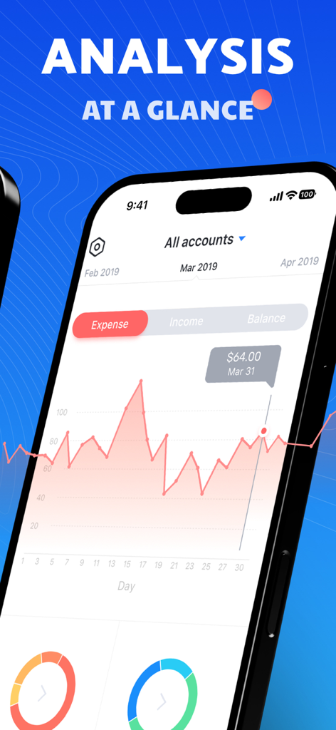 Pocket Expense 6 app screenshot showing a line graph of daily expenses and financial analysis charts on an iPhone screen