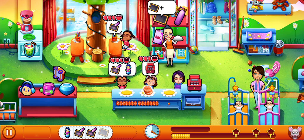 Zeitmanagement-Gameplay in einer bunten Kindertagesstätte aus der App Delicious Miracle of Life