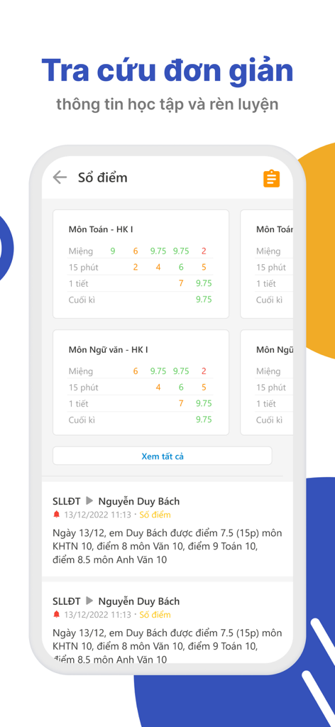 My LTV - My LTV app interface showing student academic grades and school notifications in Vietnamese