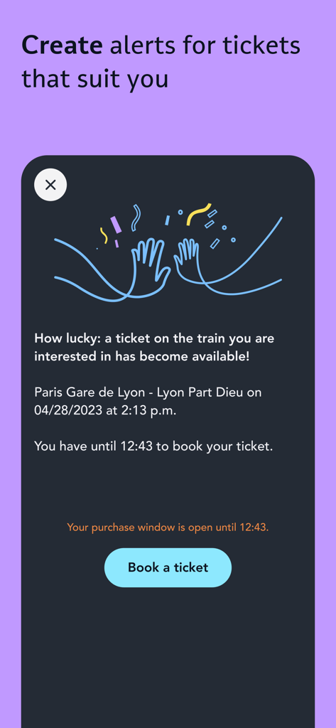 予約ボタン付きの列車のチケット利用可能状況アラートを表示するSNCF Connectアプリの通知