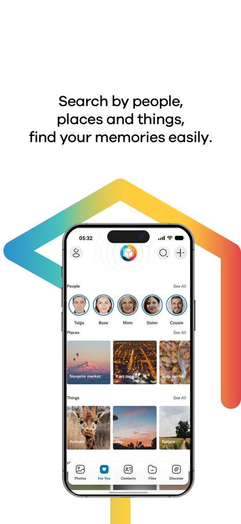 Lifebox app interface showing automatic grouping of photos by people places and things