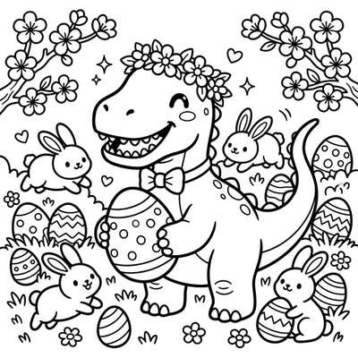 Discover a one-of-a-kind Easter adventure with this delightful Nigersaurus coloring page. Featuring an adorable dinosaur, playful bunnies, and festive eggs, it's perfect for a creative spring activity.
