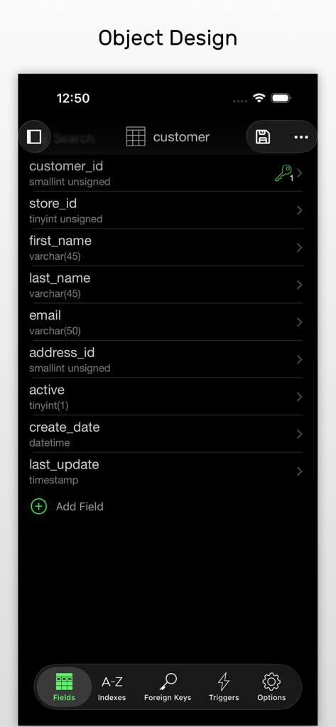Navicat for MySQL - Mobile interface of Navicat for MySQL showing the object design editor with database table fields and data types.