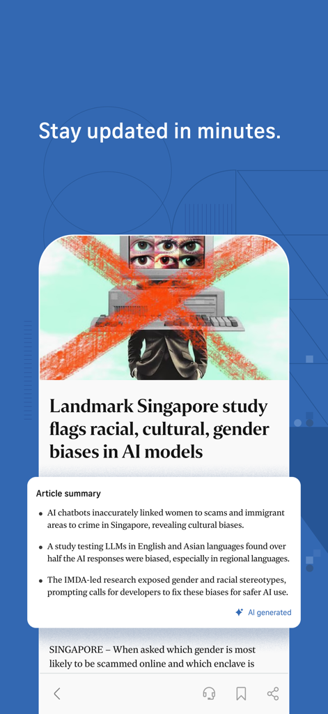 The Straits Times - A screenshot of The Straits Times mobile app featuring an AI generated article summary about biases in AI models.