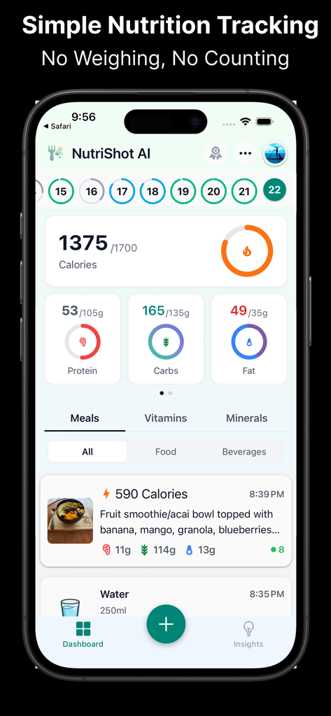 NutriShot AI - Calorie Counter - Painel do aplicativo NutriShot AI mostrando o rastreamento diário de calorias e macronutrientes com uma refeição de smoothie de frutas registrada