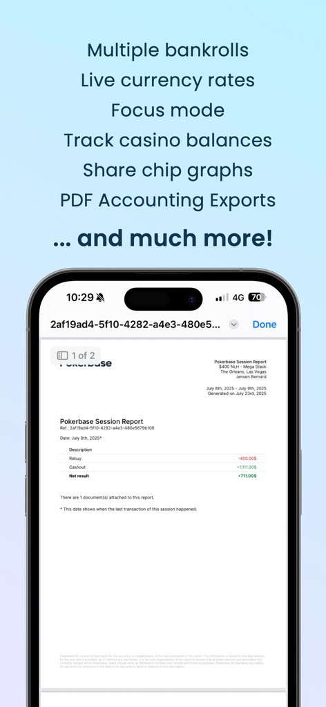 Pokerbase - Tracking & Staking - 財務追跡の詳細と、フォーカスモードやバンクロール管理などの機能リストを備えたプロフェッショナルなポーカーセッションレポートPDFを表示するスマートフォン。