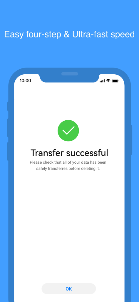 Capture d'écran de l'application Huawei Phone Clone affichant la confirmation d'un transfert de données réussi avec une coche verte