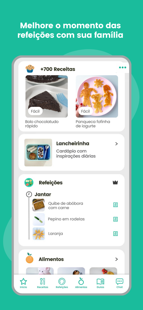 Garfinho app home screen showing recipes and meal planning for children