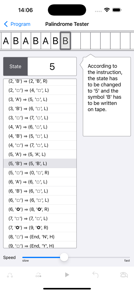 Turing Machine Simulator - Interface of the Turing Machine Simulator app showing a palindrome tester program with current state and transition rules.
