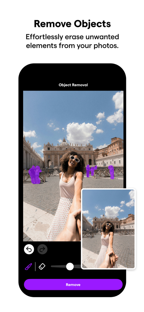 Interfaz del editor de fotos con IA de Instasize que muestra la herramienta de eliminación de objetos borrando personas del fondo de una foto de viaje.