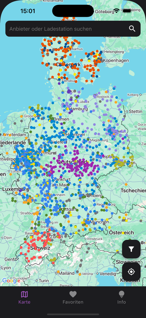 A map interface showing numerous colored markers for electric vehicle charging stations across Germany and surrounding European countries.