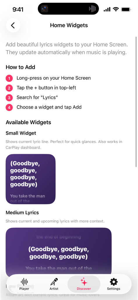 A screen showing instructions and previews for small and medium lyrics widgets on a mobile device.