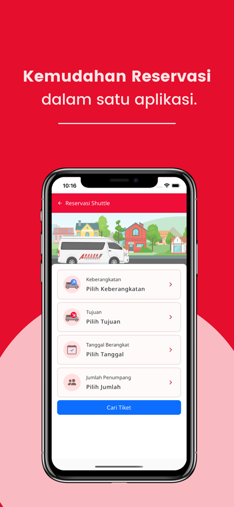 Aragon Trans - Mobile app interface of Aragon Trans showing a shuttle reservation screen with booking fields for departure, destination, date, and passenger count.