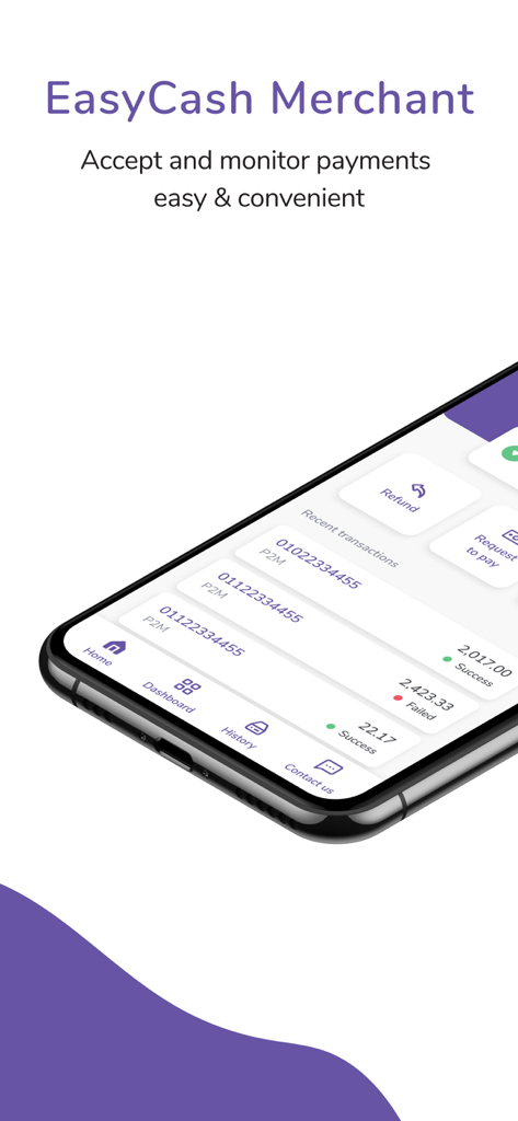 EasyCash Merchant - Tela do aplicativo EasyCash Merchant mostrando o histórico de transações recentes e o painel de monitoramento de pagamentos