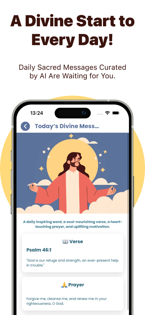 Pantalla de inspiración diaria en la aplicación Biblia IA con un versículo bíblico y una oración.