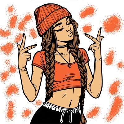 realistic teenage girl with braids and a beanie and crop top doing 🫶🏼