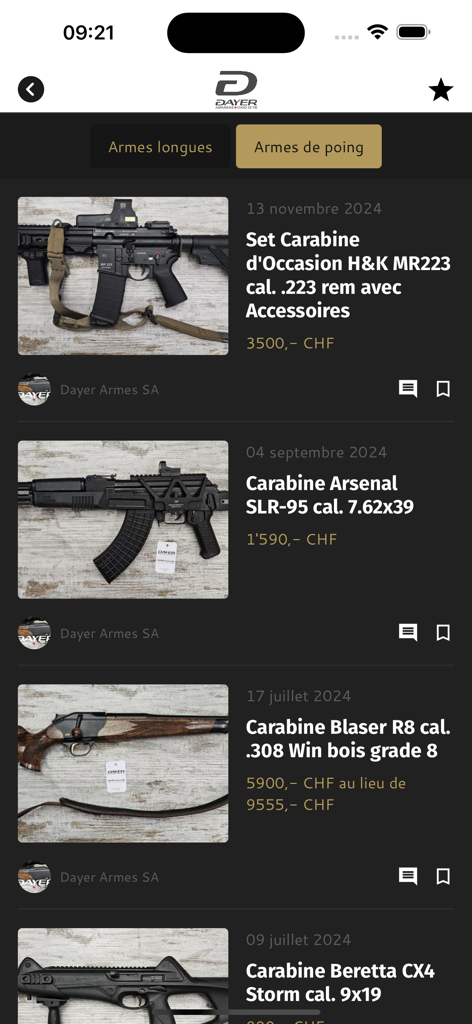 Une liste de divers fusils et carabines avec prix et descriptions affichée dans l'application mobile DASA