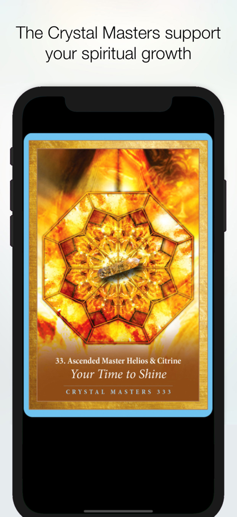 Crystal Mandala Oracle app screen displaying the Ascended Master Helios and Citrine card with a golden mandala design.